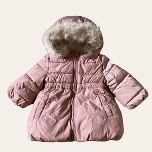 Baby Gap Toddler Girl 12M 18M Hooded Puffer Bubble Jacket Rose Dusty Pink Fur
